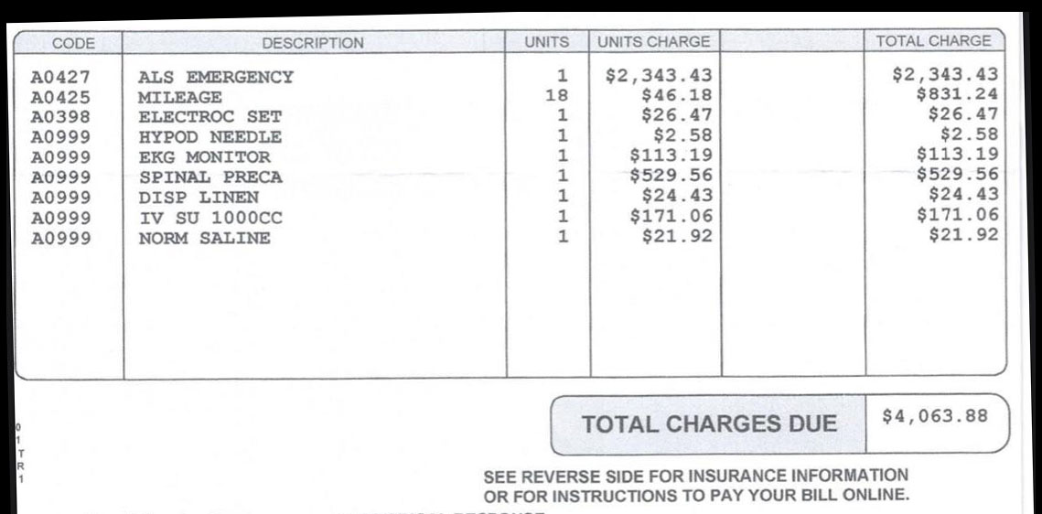 Ambulance bill showing itemized emergency transport charges — the only document most patients receive after an EMS encounter, with no clinical information or care summary